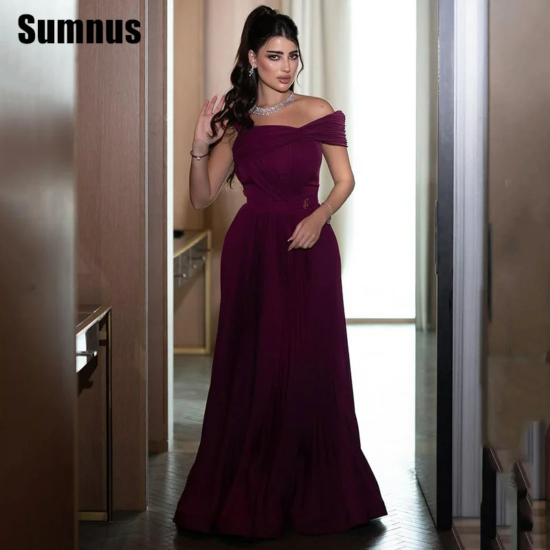 

Sumnus Modern Straight Evening Dresses Off Shoulder Sleeveless Pleats Party Dresses Floor-Length Prom Dresses Customized