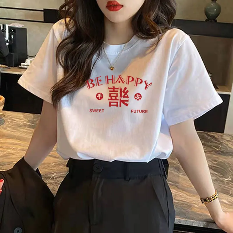 T-shits Women White Short Sleeve Bear Printed Cotton Summer Korean Style Leisure Basic Tops Harajuku Soft Cozy Breathable Ins