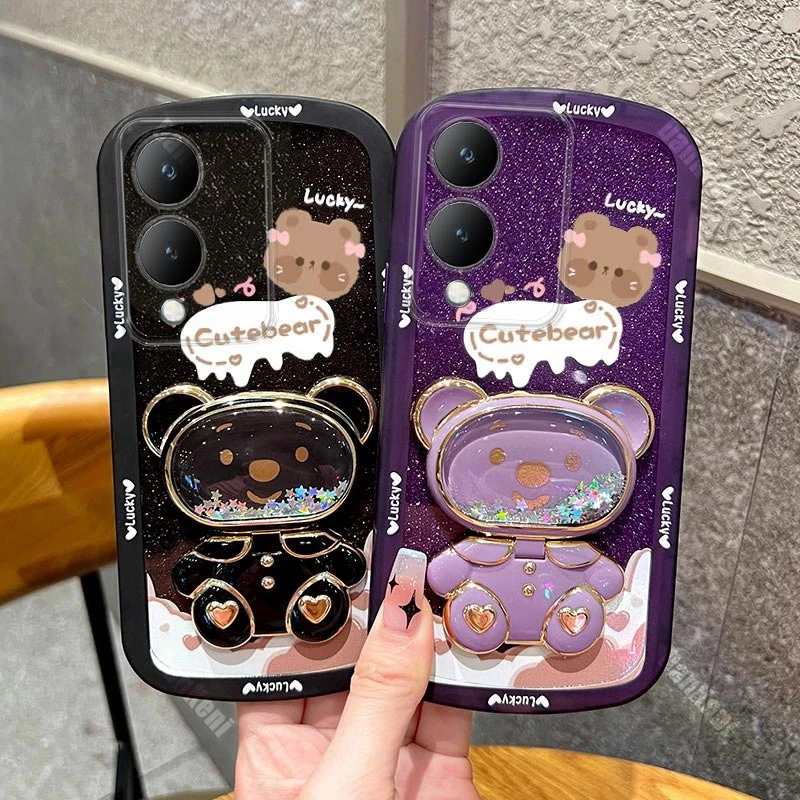 Bear Makeup Mirror Silicone Holder Phone Case For VIVO Y12 Y11S Y12S Y12i Y19 Y17S Y16 Y15S Y51S Y22S Y78Plus Y35Plus Y75 Cover