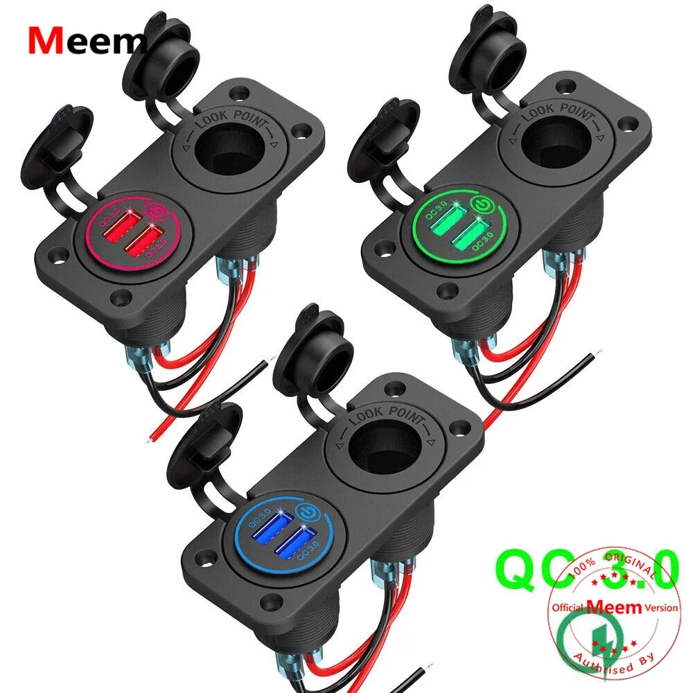 

12V Car Cigarette Lighter Socket Dual QC 3.0 USB Port Charger Power Outlet LED