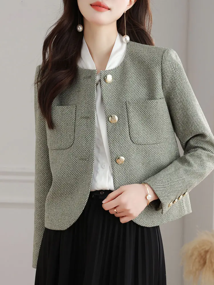 

Elegant Green Tweed Short Jacket Autumn 2025 Korean Fashion Round Neck Single Breasted Coat with Pockets for Women