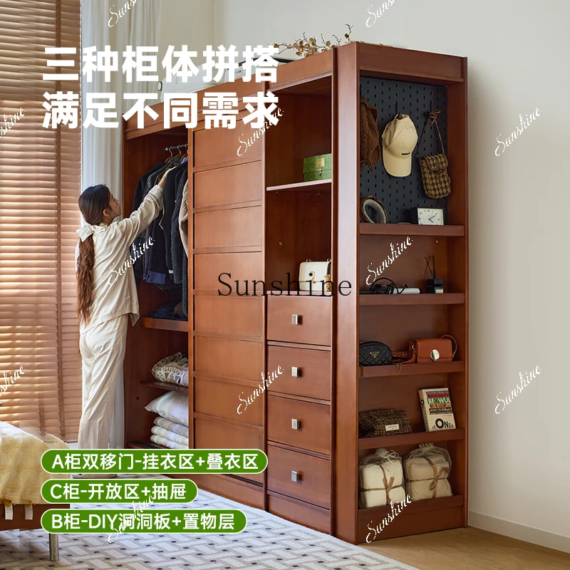 Retro all-solid wood large wardrobe bedroom small apartment household sliding door sliding door storage  FT