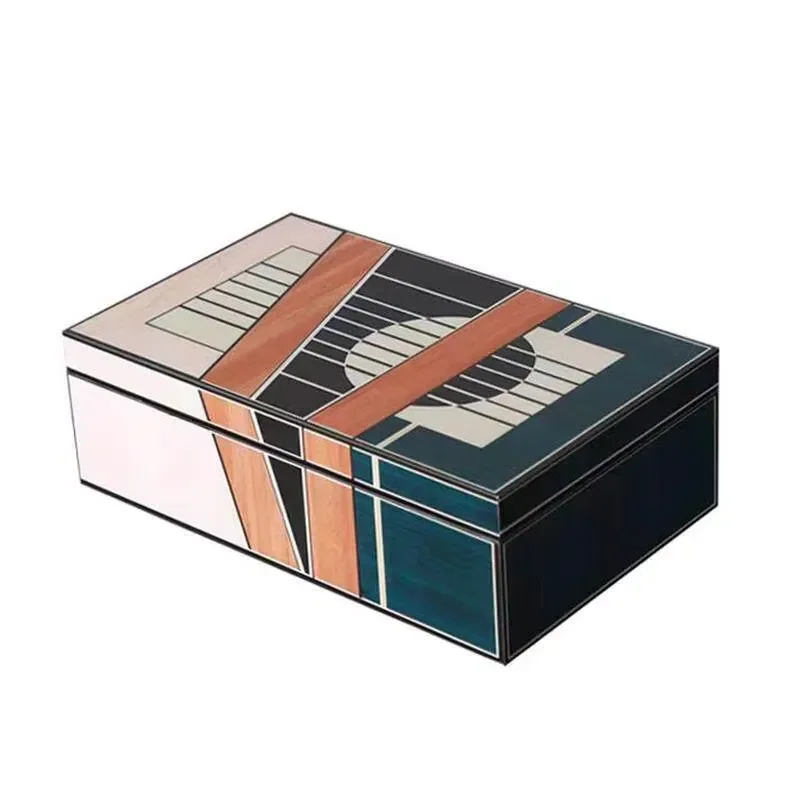 Modern simple square wooden jewelry storage box with textured leather finish, suitable for home decoration, office