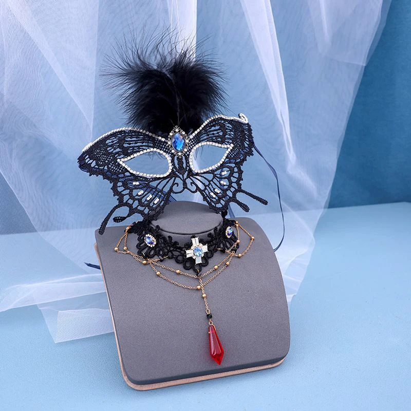 Black Lace Rhinestone Feather Eye Mask Women Halloween Masquerade Venetian Carnival Retro Cosplay Party Decor Accessory 2