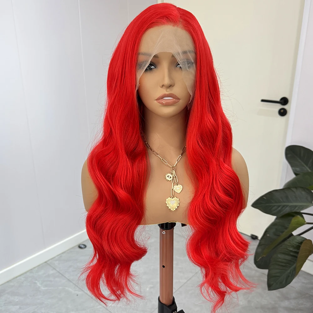 حار شعر مستعار أحمر طويل موجة عميقة الشعر الاصطناعية 13x4 الدانتيل الجبهة الباروكات للنساء الأحمر الجسم موجة شعر مستعار مقاومة للحرارة تأثيري جاهزة لارتداء #2