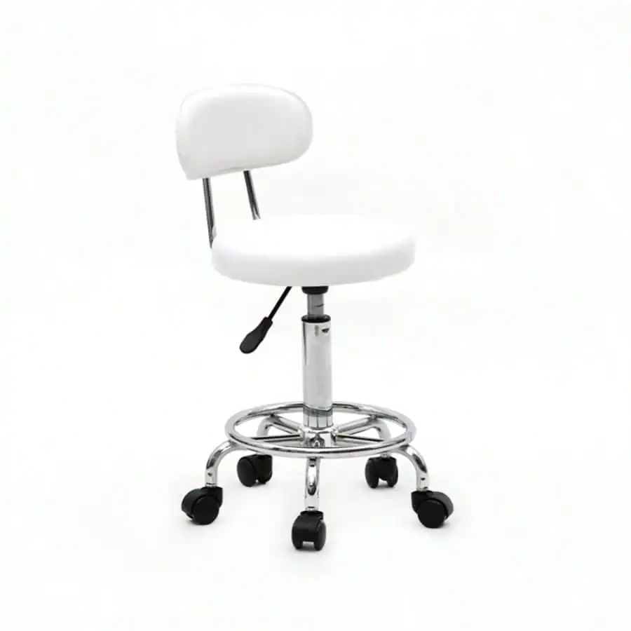 

Round Adjustable Salon Stool With Backrest White - Perfect For Beauty Spa Barber Shop, Comfortable Seating With Line Design