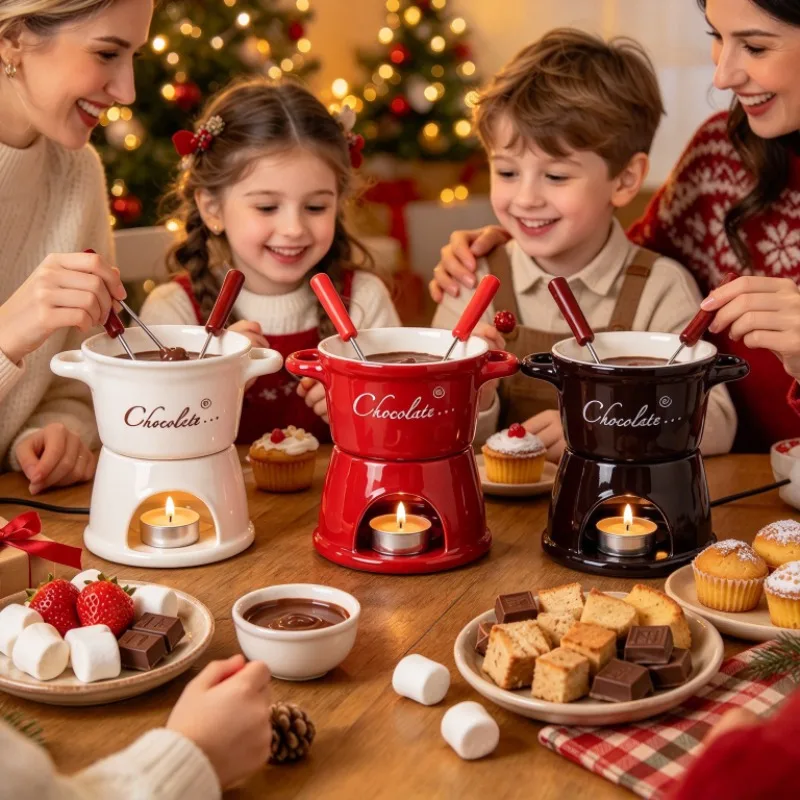 Ceramic T Shape Melting Cup with Dual Handles Chocolate Cheese Fondue Heating Pot Christmas Halloween Tableware