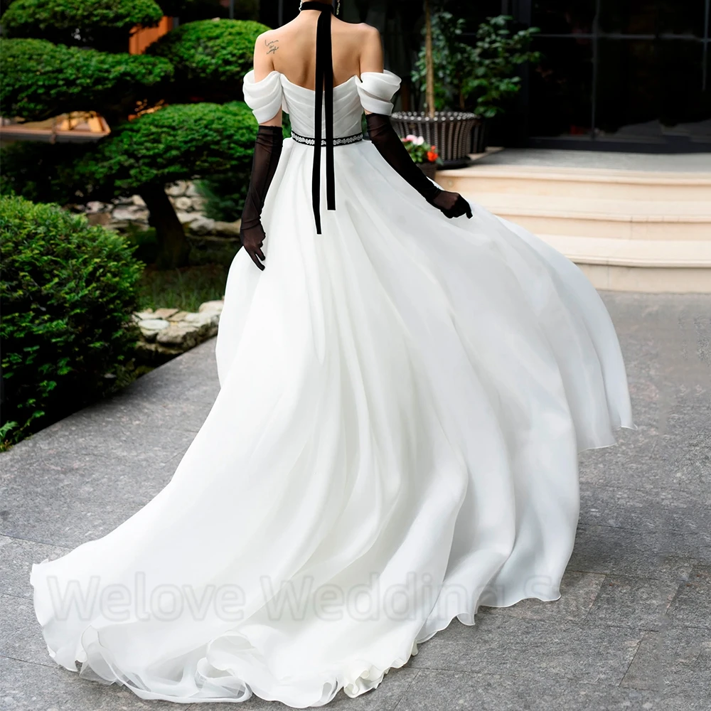 ELegant Off the Shoulder Wedding Dress Short Sleeves Organza A-Line Floor Length with Pleat and Belt Backless Bridal Zipper Gown