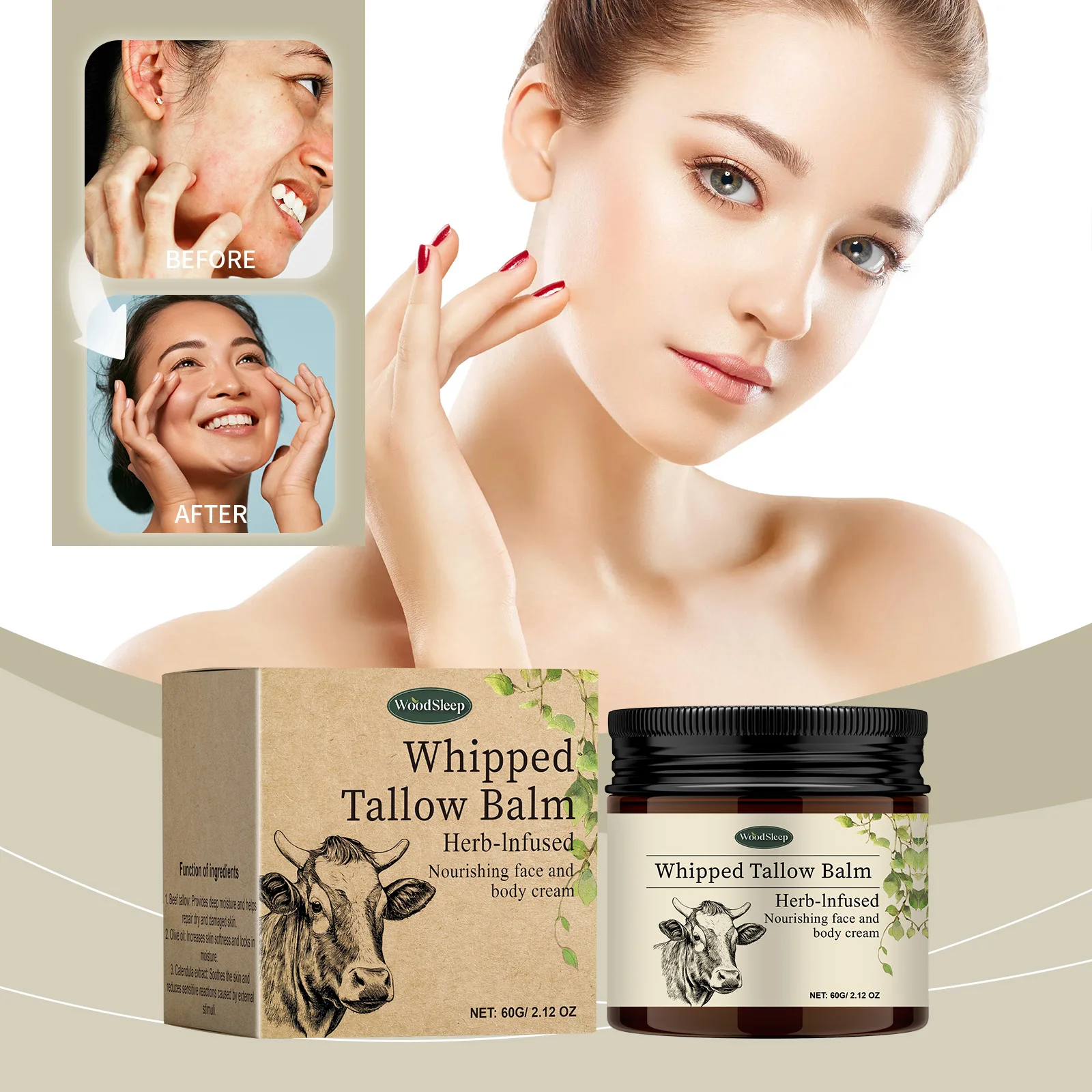 Moisturizing Whipped Tallow Balm Dry Sensitive Skin Long Lasting Hydration Gentle Tallow Cream Body Face Care Winter Moisturizer