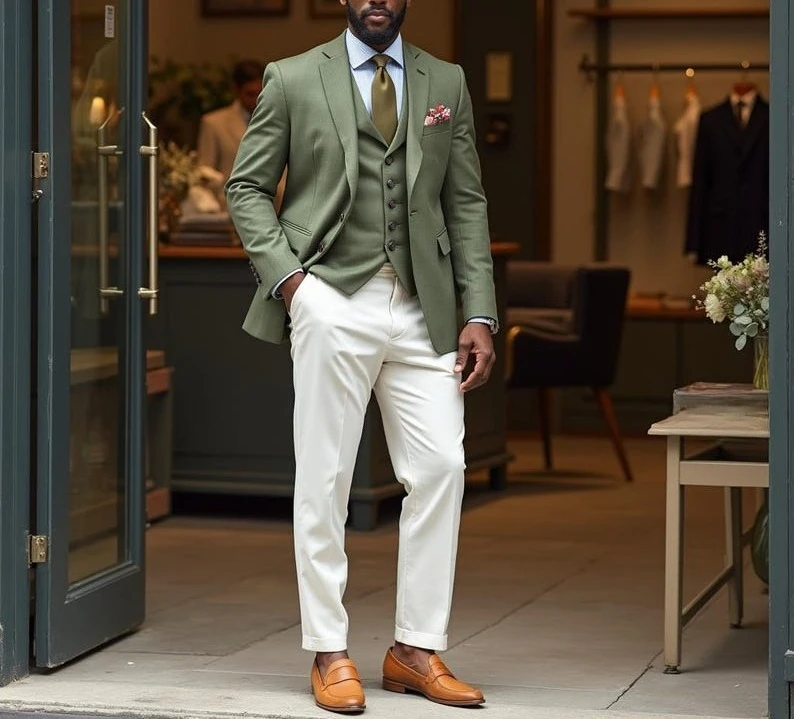 

Olive Green 3-Piece Suit Custom Wedding Blazer White Pants