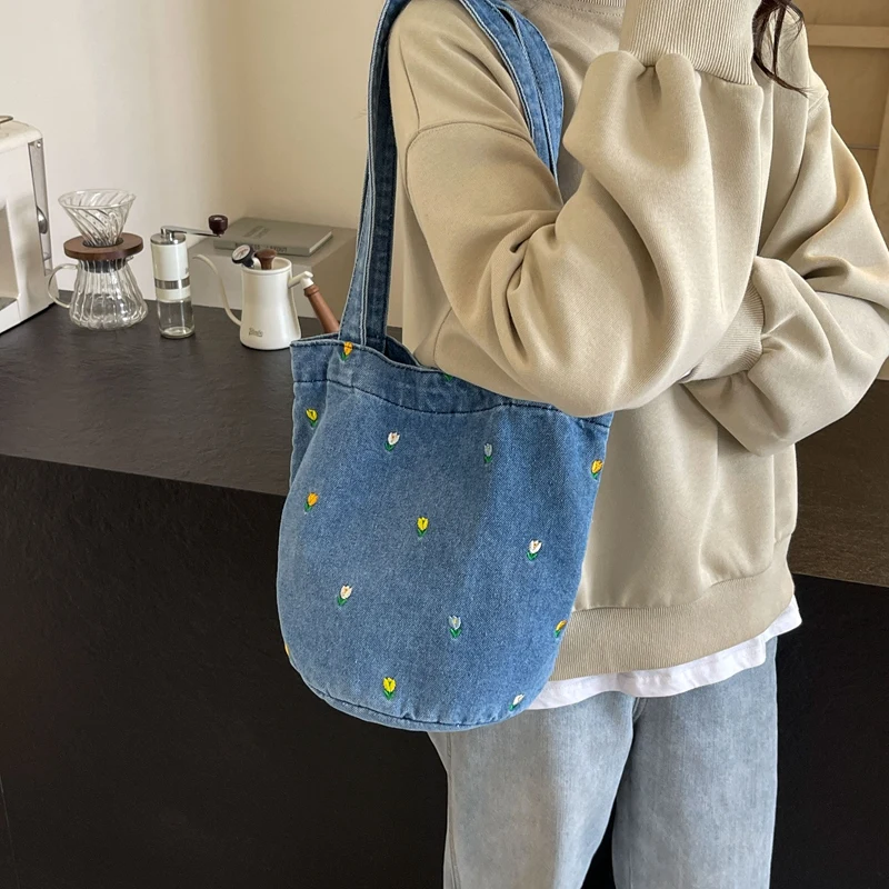 1 piece pure color denim large capacity tote bag fashion one shoulder women\'s bag can hold ipad