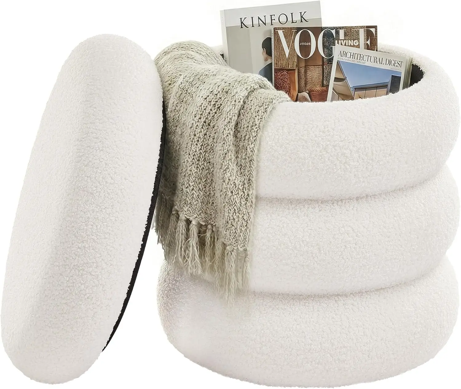 

Round Vanity Stool with Storage, Teddy Fleece Ottoman, 16.9x16.9x18.5 Inches, White