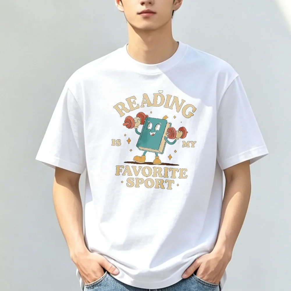 Reading Is My Favorite Sport Graphic Tshirt Cartoon Book Lifting Dumbbell Print Short Sleeve Casual Book Gift Streetwear Man Tee