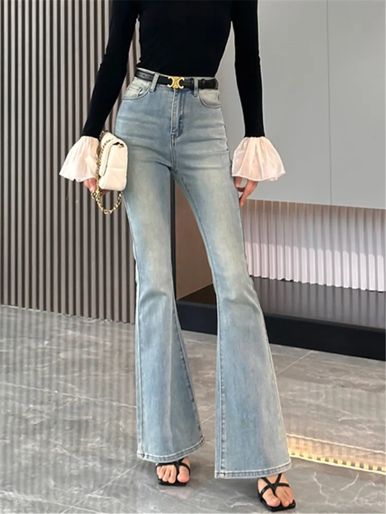 

Женские джинсы с высокой талией, расклешенные, весенне-осенние, облегающие, эластичные, длинные, в пол, светлые, из выстиранного денима, скинни