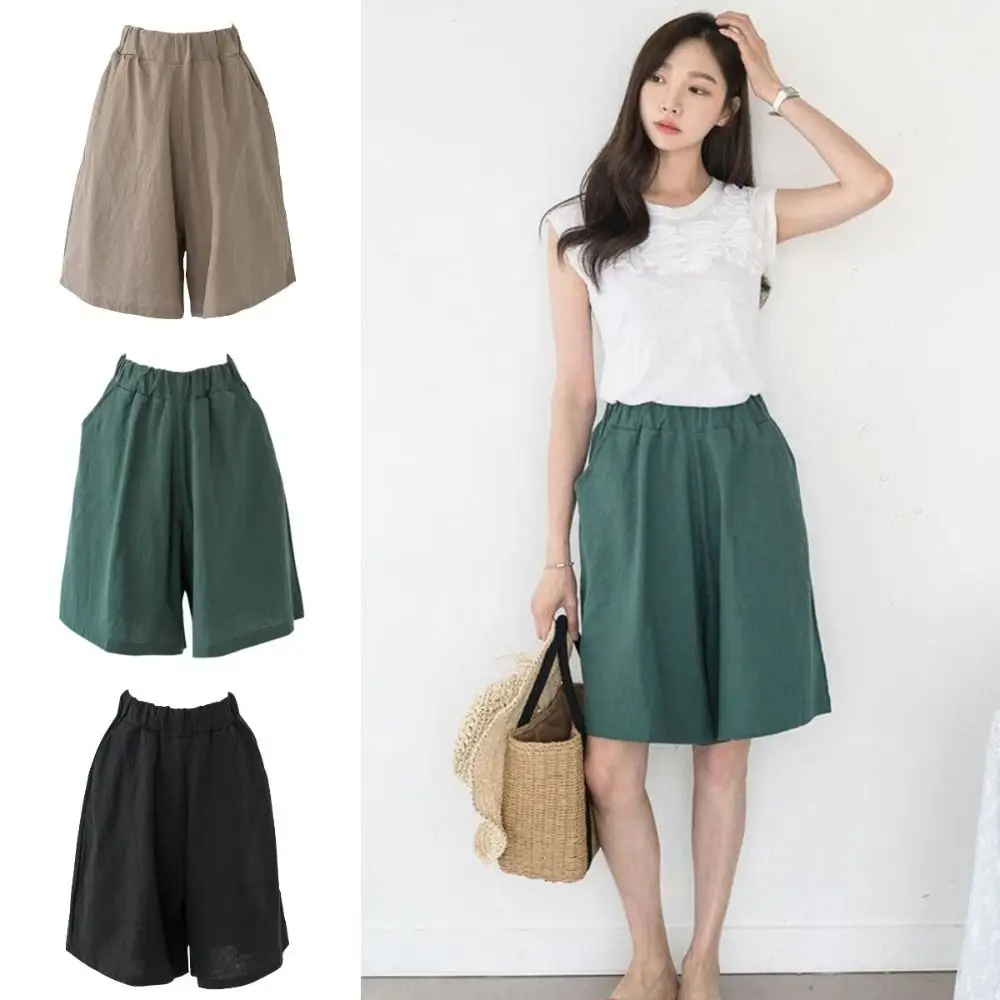 

Fashion Elastic Waist Women Fifth Pants Plus Size Linen Cotton Casual Shorts Wide Leg Large Pocket Knee Length Trousers Travel