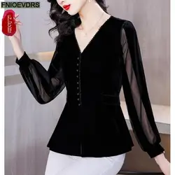 S-3XL Black Velvet Top Women Autumn Winter French Design Elegant Office Lady Work Button Shirt Casual Slim Retro Peplum Blouses