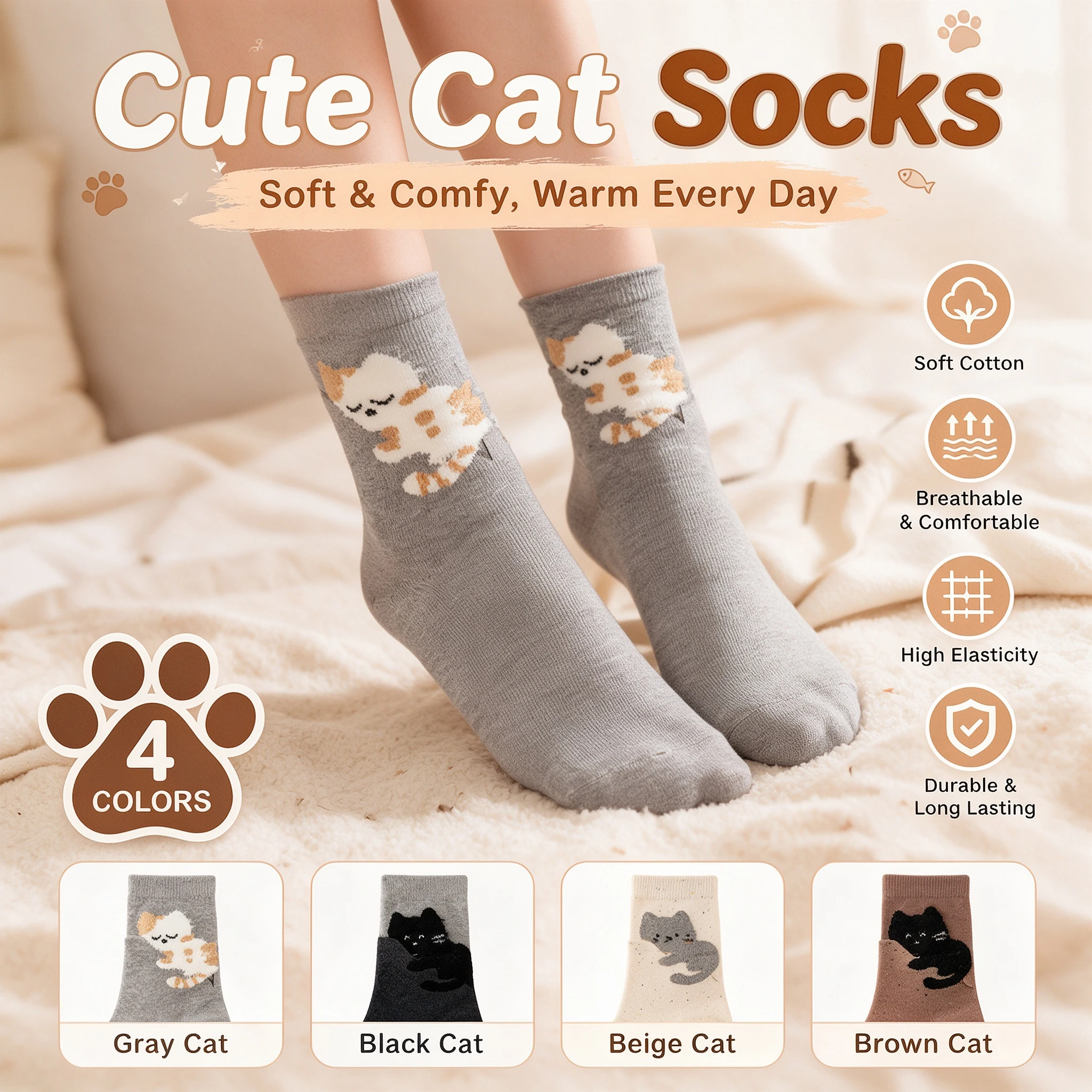 Women Mid Calf Socks Spring Autumn Korean Style Cartoon Cute Cat Long Stacked Socks Daily Wear Comfortable Soft