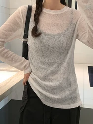 2024 Sexy Knit See-through Women T shirt Tops Solid Long Sleeve O Neck Loose Tshirts Female Casual Streetwear Base Solid Tees