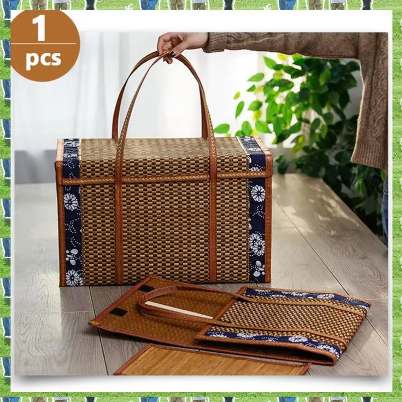 

FTS Picnic Woven Basket Wicker Storage Bag Handle Folded Fruit Shopping Food Handle Rattan Grass Foldable Bamboo Basket Durable
