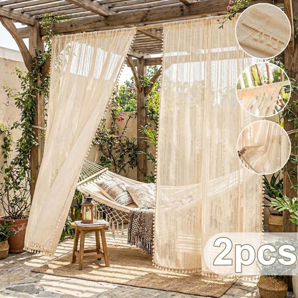 

Beige Half Tulle Decor Valance Curtains Rod Pocket Boho Farmhouse Door Curtain with Tassels for Bedroom Kitchen Cabinet Covers