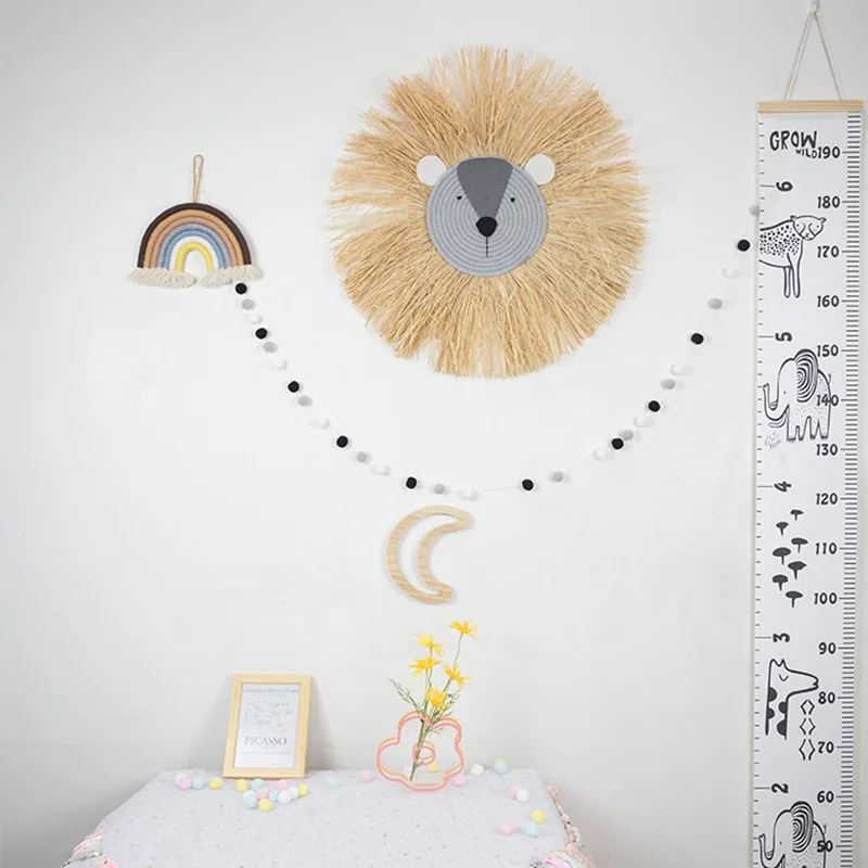 Handmade Straw Lion Face Wall Pendant Woven Cotton Cartoon Animal Decoration Infant Room Wall Ornament Home Layout Accessory
