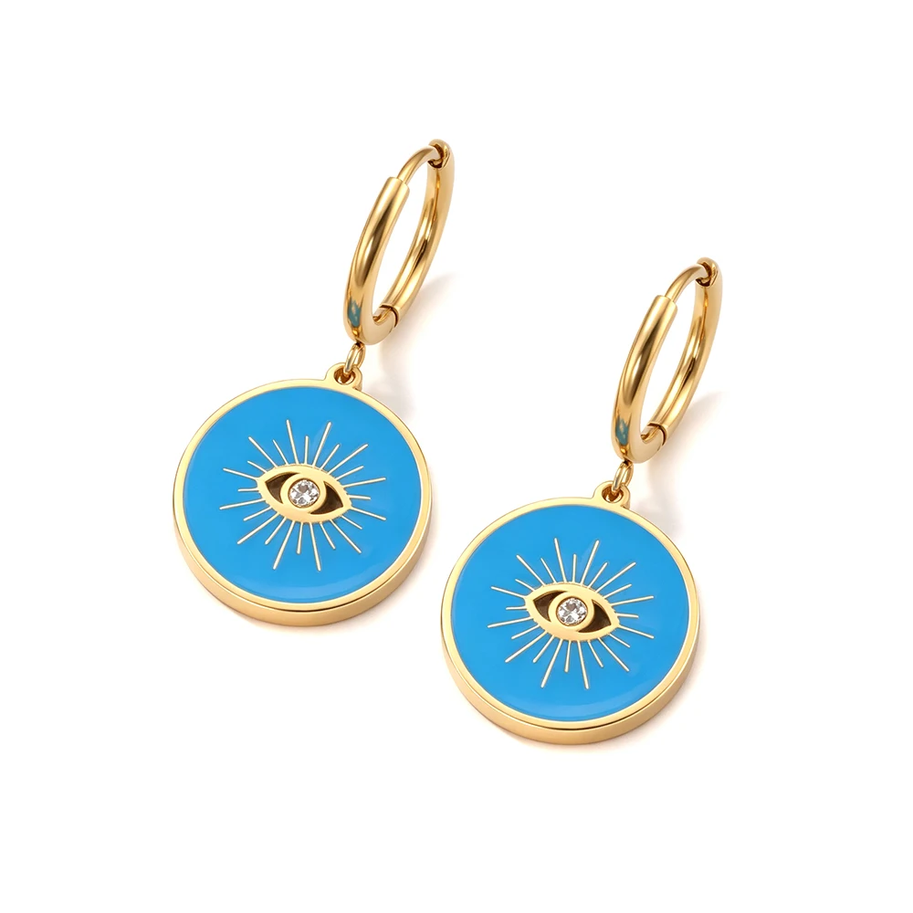 JeeMango Stainless Steel Blue Enamel Evil Eye Pendant Hoop Earrings Women Gold Plated Oil Drop Charm Waterproof Jewelry E26159 - view 4
