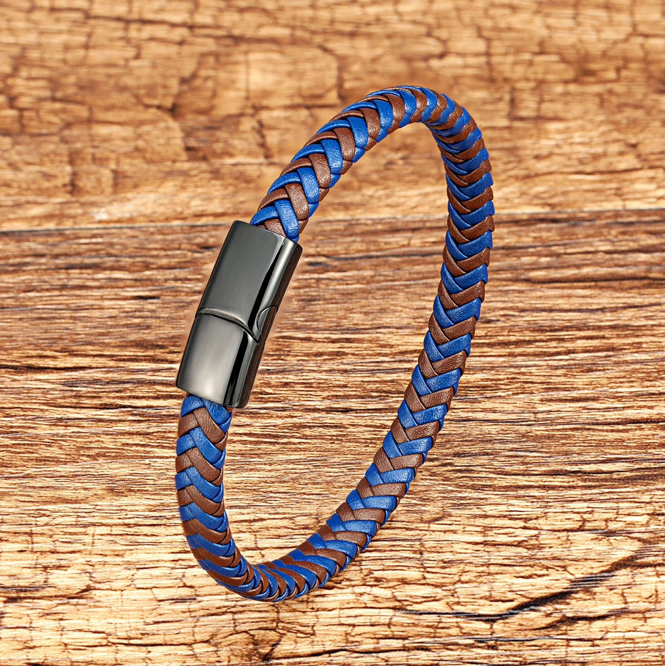 Classic Blue Brown Wrap Leather Braided Bracelet Charm Stainless Steel Clasp Magnetic Bracelet Rope Chain Bangles Jewelry