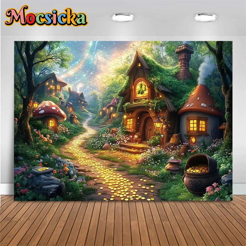 Mocsicka Forest Cabin Photo Backdrop Spring Natural Scenery Gold Coin Pattern Photography Background Decoration Studio Wallpaper