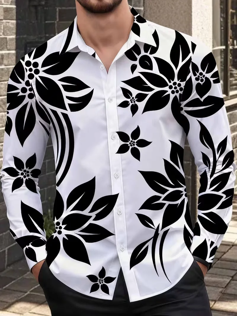 Men's 3D Black Floral Leaf Art Print Long Sleeve Shirt Lapel Collar Button Down Casual Dress Shirt Hawaiian Streetwear Plus Size