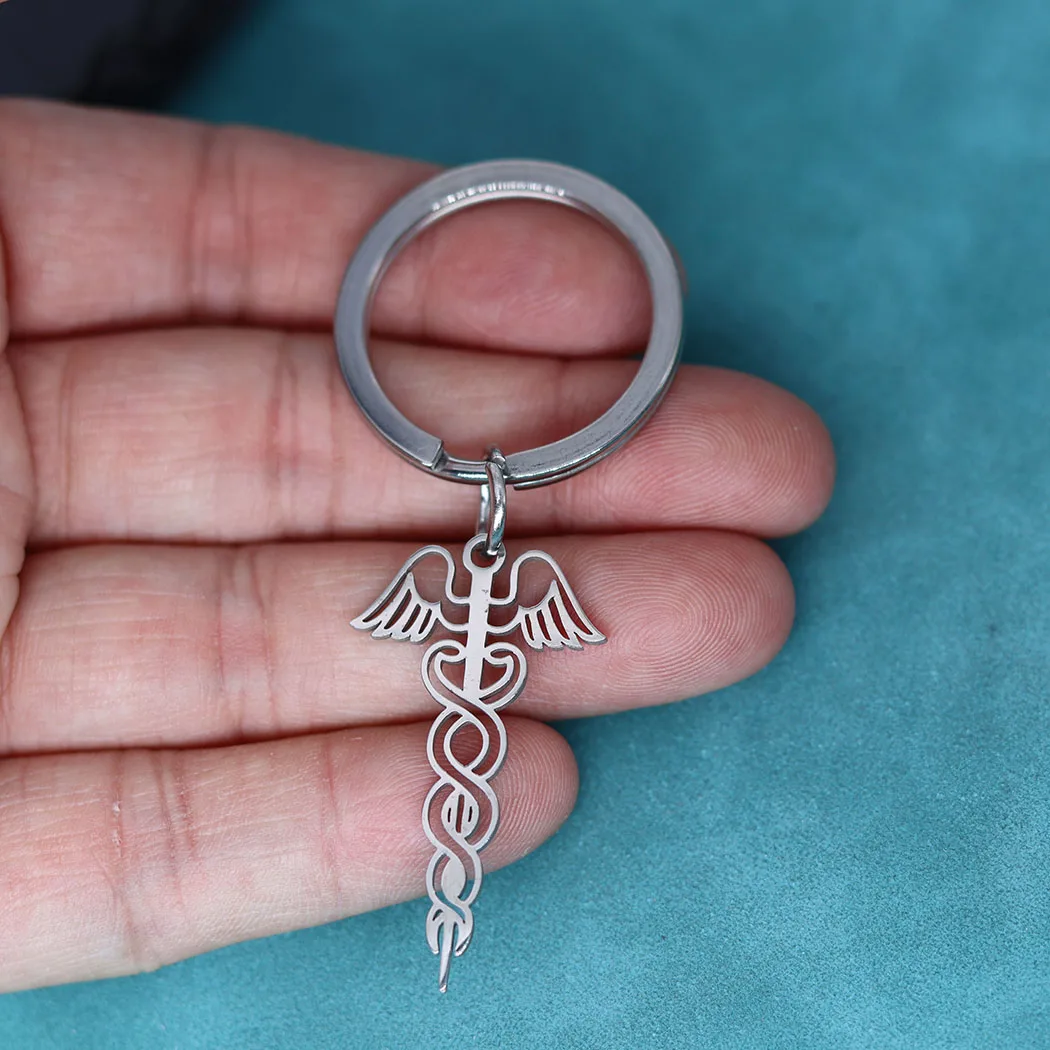 Staff Of Caduceus Medicine Symbol Keychain Stainless Steel Pendant Of Health Key Chains Of God Hermes Jewelry Doctor Nurse Gifts