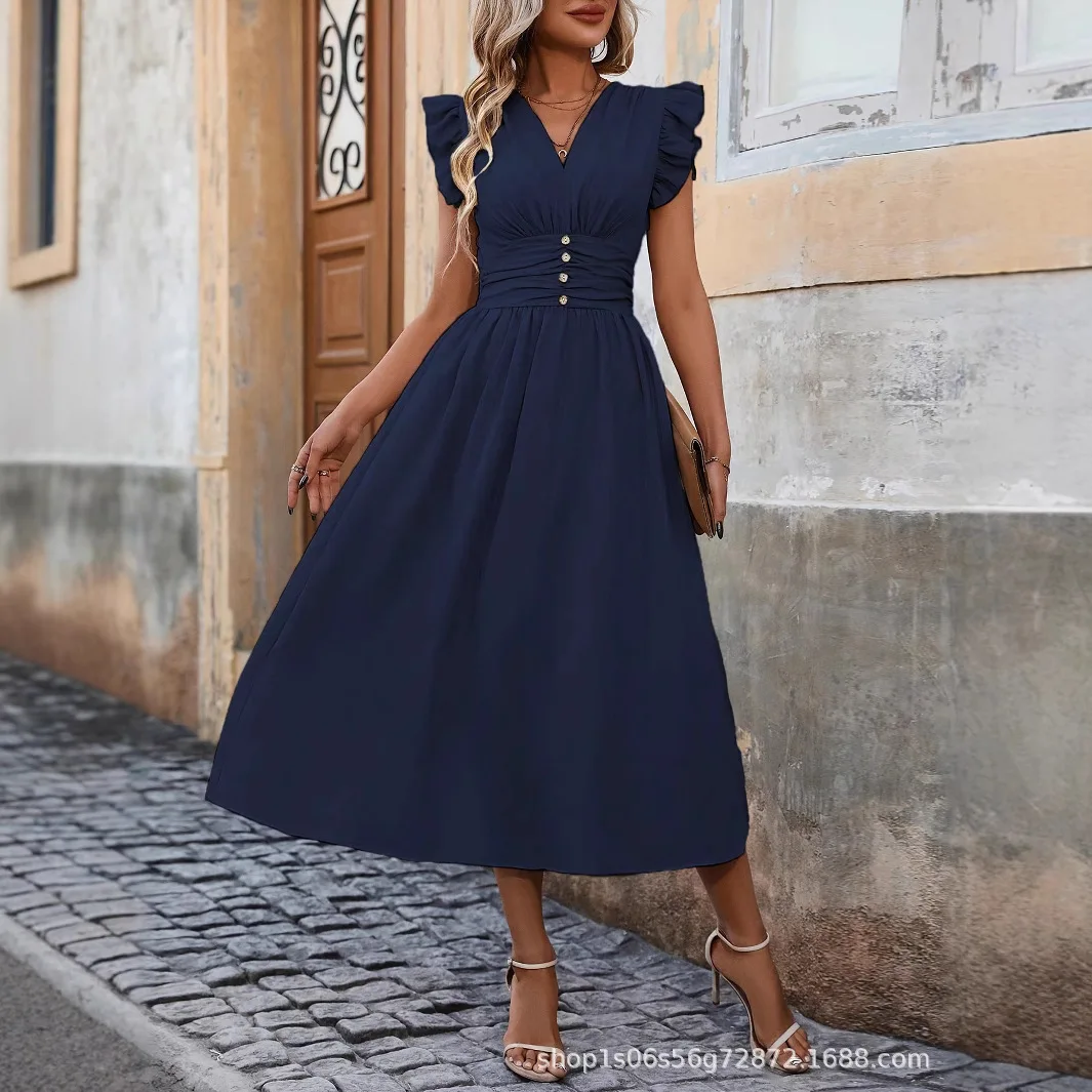 Women Elegant Ruffle Sleeve Waist Solid Dress Dresses Spring Summer Matching Set