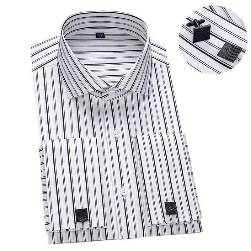 Spring Men's French Shirt Long Sleeve Windsor Neck Slim Fit Business Dress Cufflinks Striped Shirt