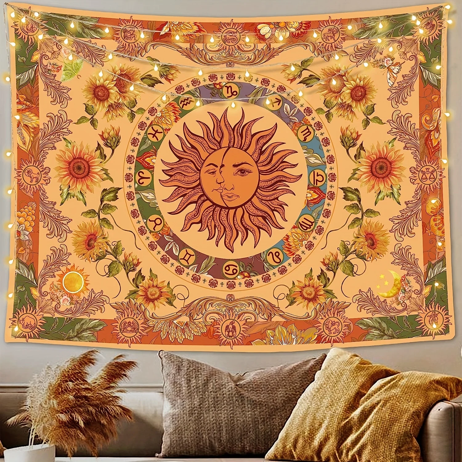 VIKAMA Bohemian Sun Zodiac Wandteppich, Vintage-Blumendekor für Zuhause, Wohnzimmer, Sofa, Hintergrund, Wandkunst, Raumakzente