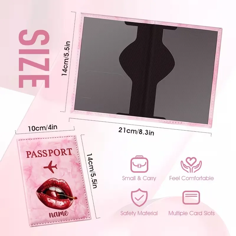 Custom Name Red Lips Art Illustration Design PU Passport Holder, Featuring a Vibrant Red Lip And Lipstick Detail Showcasing