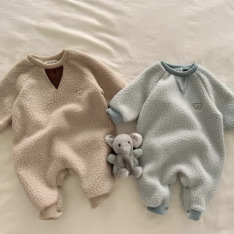 Ircomll Newborn Baby Autumn Spring Jumpsuit Solid Color Polar Fleece Overalls Romper For Toddler Baby Boys And Girls Clothing