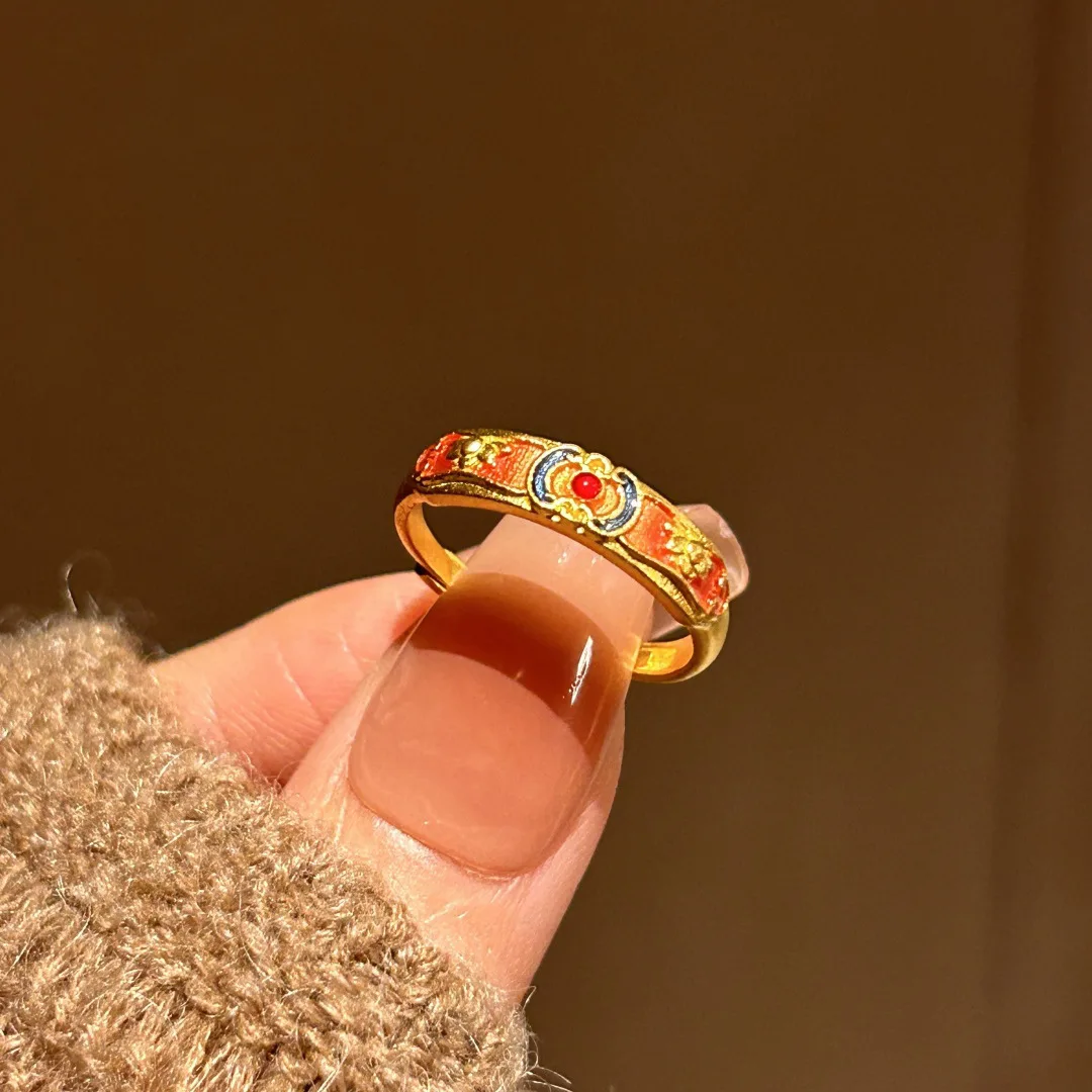 Classical colored enamel vintage flower rings for women antique gold crafts ring adjustable opening high-end banquet jewelry