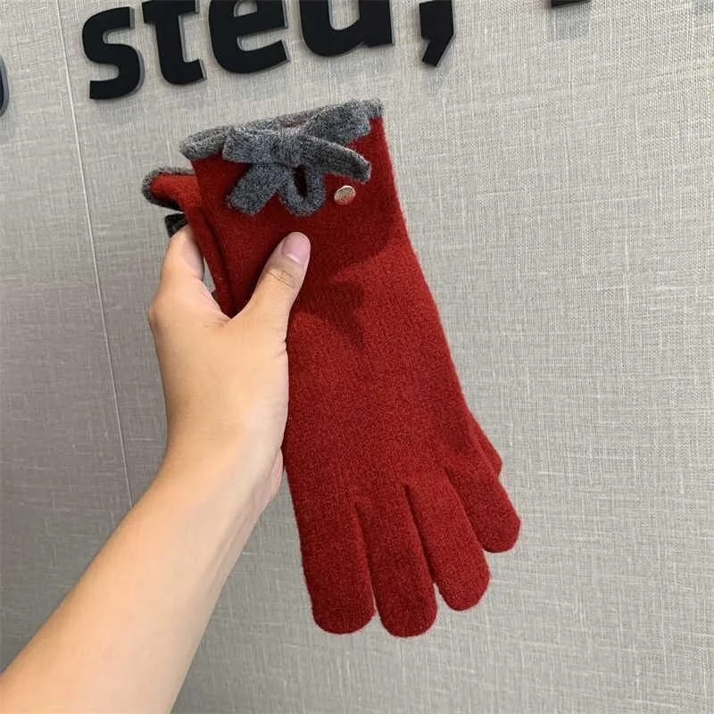 Solid Color Bow Split-finger Gloves Extended Wrist Guards Windproof Cold Cycling Gloves Touchscreenable Warmth