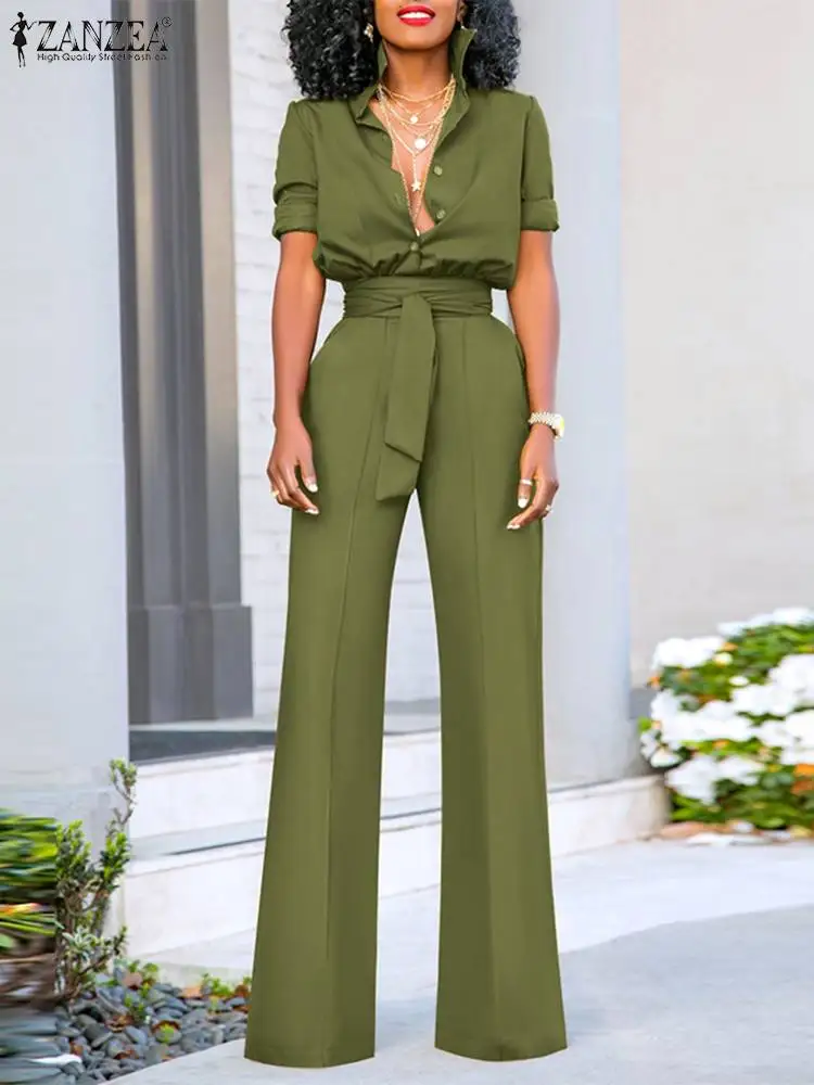 

ZANZEA Vintage Belted Loose Playsuit 2024 Spring Oversize Jumpsuit Sexy Lapel Collar Long Romper Office Lady Long Sleeve Overall