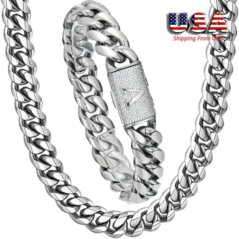 14mm Hip Hop Bling Iced Out Letters Button A-Z Stainless Steel  Round Cuban Miami Link Chain Necklace for Unisex Rapper Jewelry