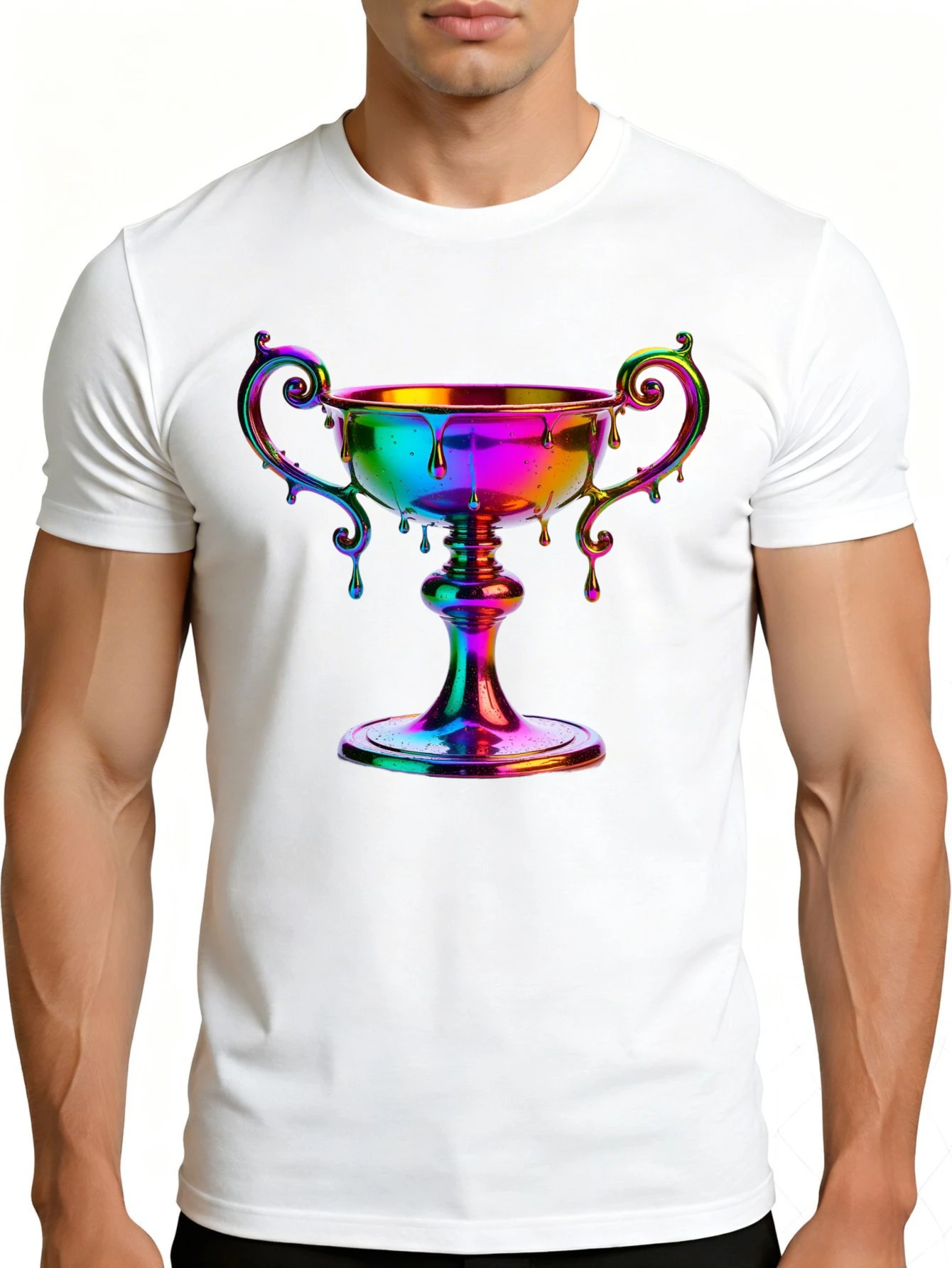 Men's Graphic T-Shirt - Breathable, Soft, Lightweight - Rainbow Trophy with Drip Effect - Vintage Fun Graphic Casual Short Sleeve Summer Top, a Great Gift for Him