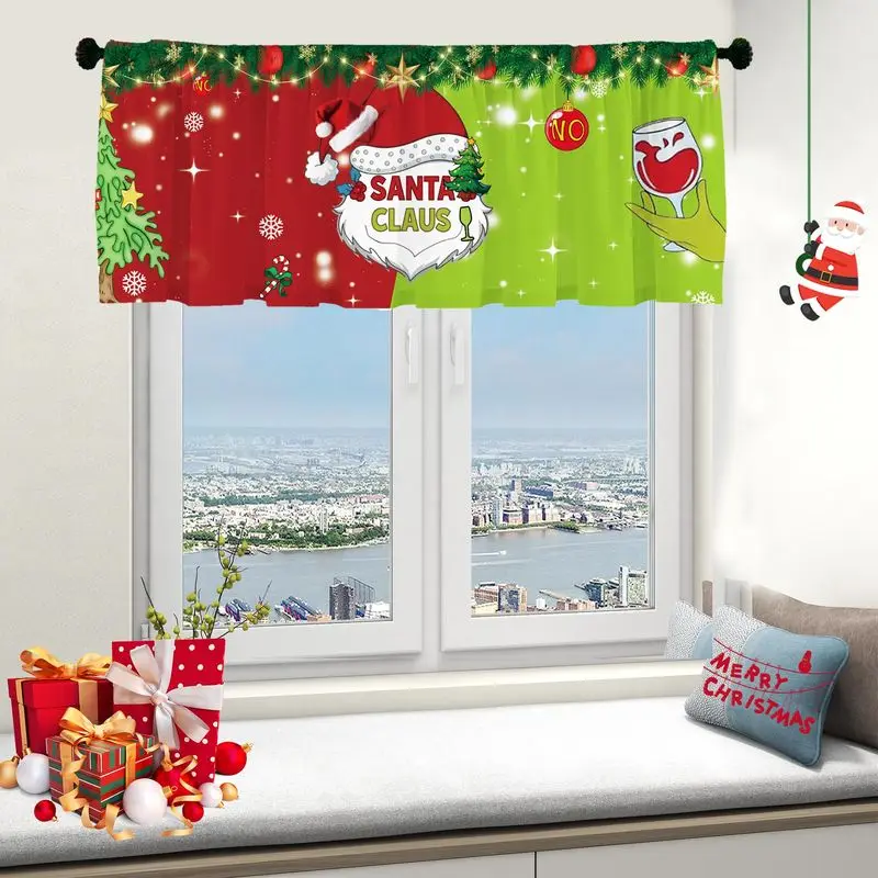 VIKAMA Christmas Short Curtains Valances Santa Claus for Kitchen Window Home Winter Holiday Window Decor
