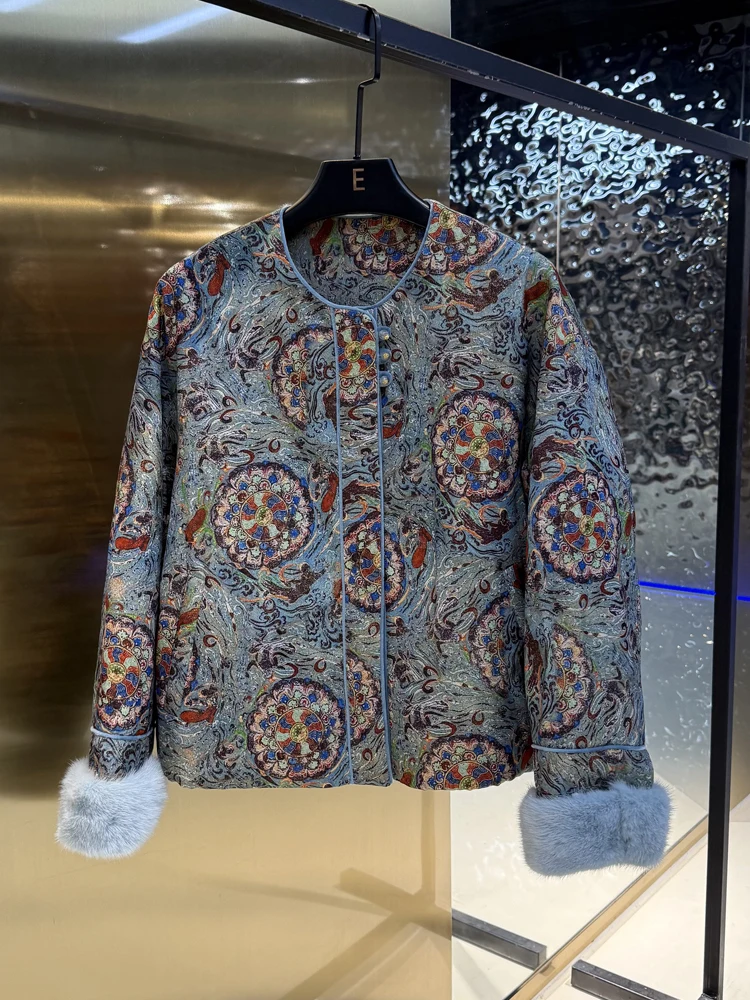 

Slimming Fur Collar Silk Patterned round Neck Outerwear for Women Fashionable Early Autumn Winter Coat Retro Style Short ...