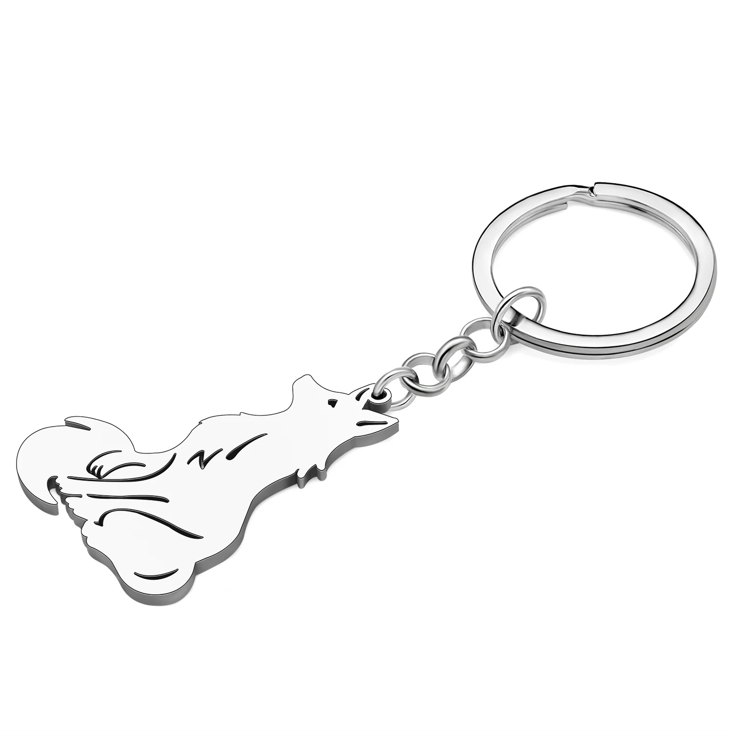 BONSNY Silver Plated Sitting Fox Key Chains Cute Animals Key Ring Accessories For Women Girls Stainless Steel Keychain Gifts