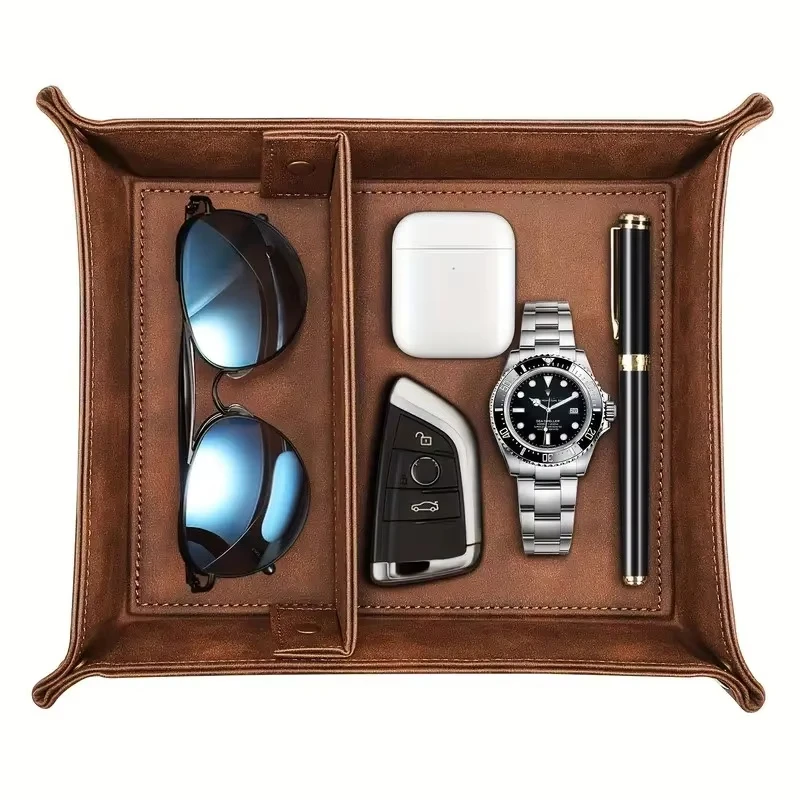 

New Creative Folding Tray PU Leather Valet Trinket Collapsible Phone Key Wallet Coin Desktop Storage Sundries Box Bins
