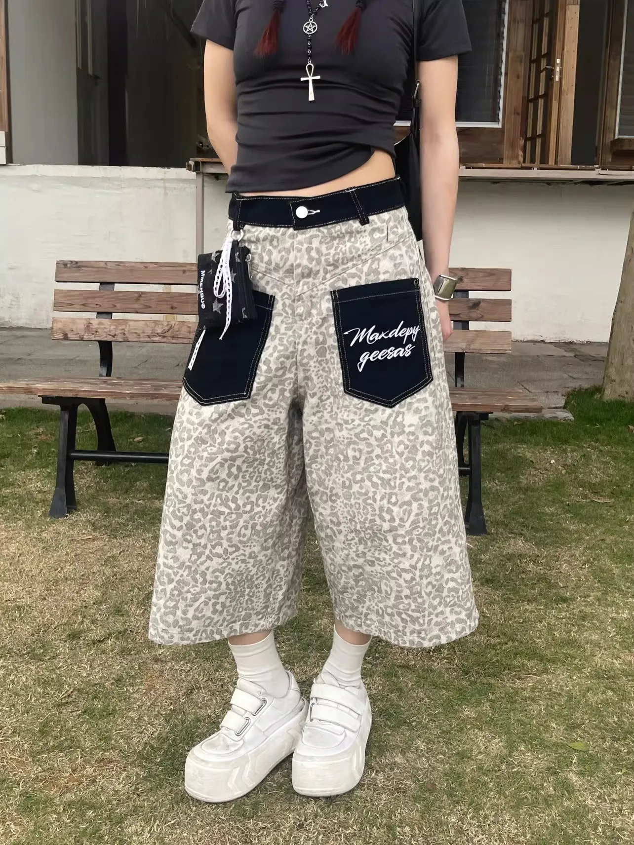 

High Street Leopard Print Patchwork Denim Workwear Seven-Foot Pants Unisex American Design Bent Knife Wide Leg Pants
