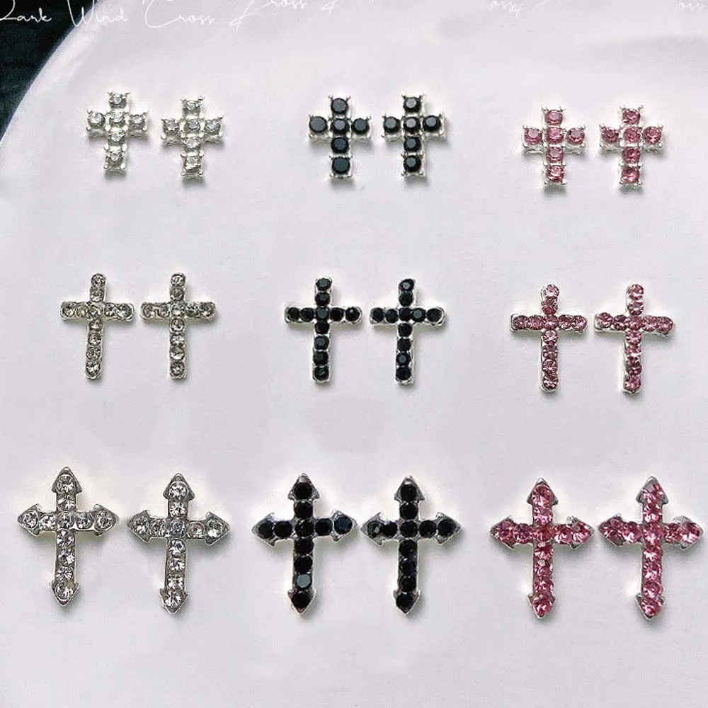 10Pcs Classic Full Glitter Rhinestones Cross Nail Art Charms 3D Punk Silver Diamond Cross Nail Decoration Luxury DIY Nail Parts