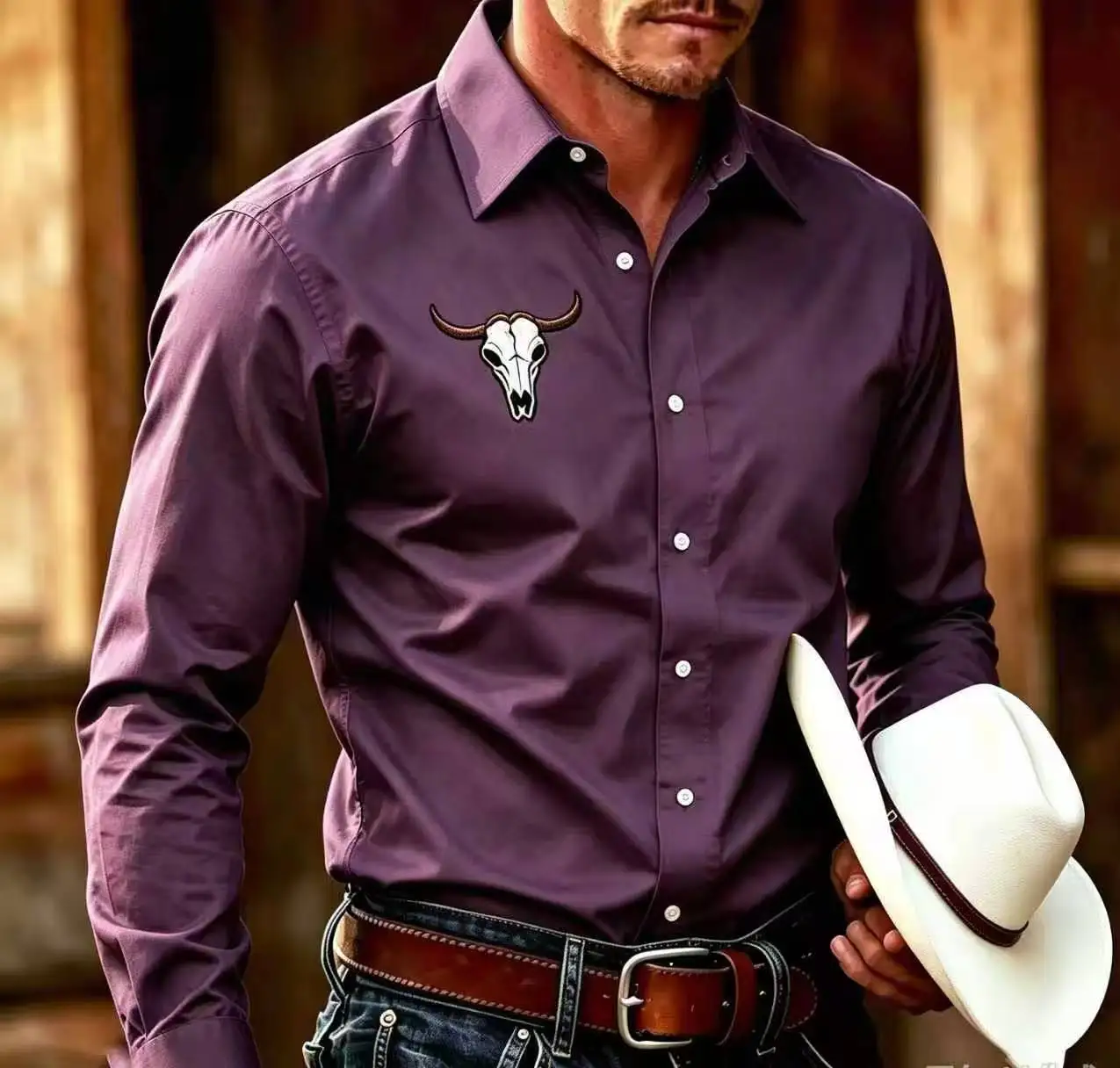 Western-Style Bull Head Print Shirt for Men, Simple Lapel Solid Color Long-Sleeved Shirt, Denim Style Commuter Top.