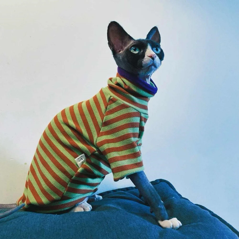 Sphynx Cat Clothes Striped Coat for Male Cat Soft Blue high-neck winter undershirt For Devon Rex Long Sleeves Loungewear Spring