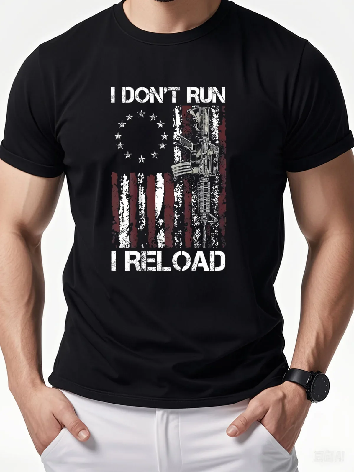 Men'S 100% Cotton Casual Sports Loose Oversized I Don't Run I Reload Gun American Flag Patriots Print Round Neck T-Shirt Top