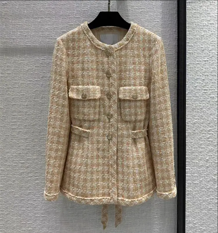 European and American women's clothes 2024 spring new Long sleeve single breasted fashion Round neck Orange plaid tweed coat